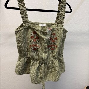 Mine Olive Green Embroidered Women Top Large NWOT